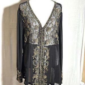 Scala NWT 100% Silk Beaded Jacket Sheer Evening Formal Black Gold Women Wedding